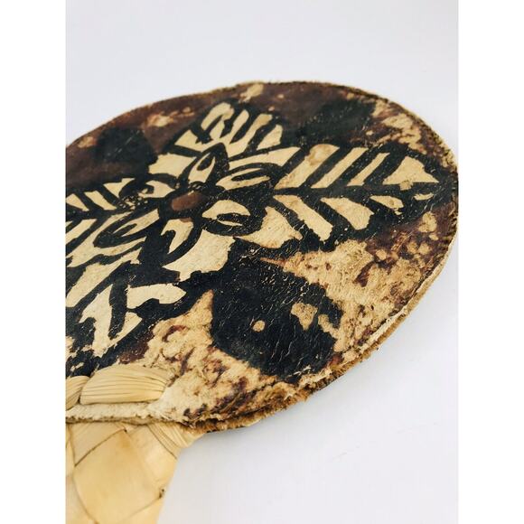 Rattan Hand Held Fan Polynesian Kapa Bark Raffia Antique Woven - Picture 4 of 10